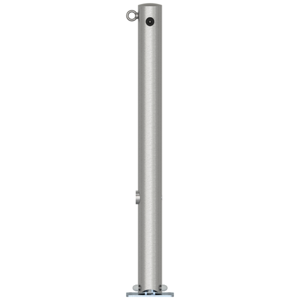 Stainless steel post |  76 mm | without decorative ring | foldable, self-engaging lockto be fixed by plugs, with base plate 100 x 150 mmhot-dip galvanized | with triangular locking mechanism acc. with DIN 3223 | with 1 eyelet